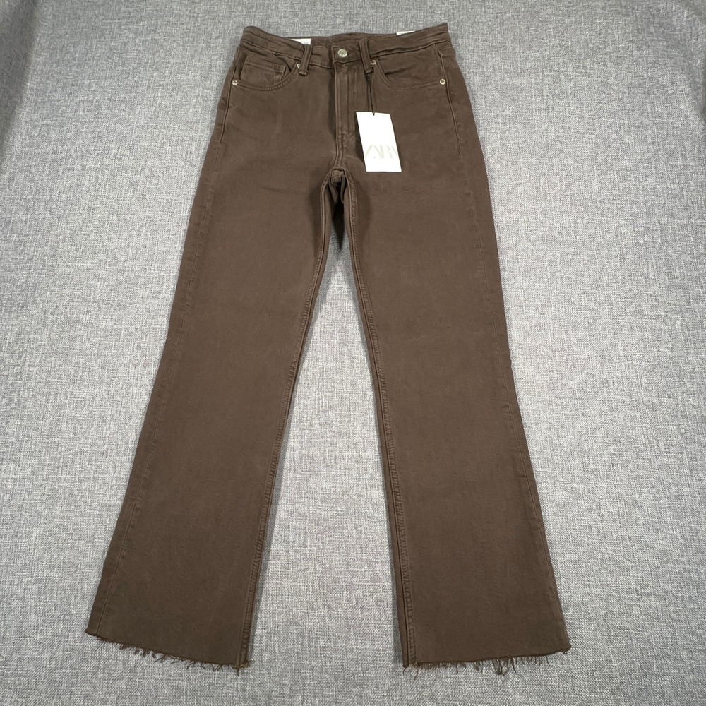 Zara High Rise Cropped Flare Jeans Womens 4 Brown Raw Hem Minimalist Denim NEW
